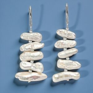 White Freshwater Pearl Leverback Dangle Earrings in Rhodium Over Sterling Silver